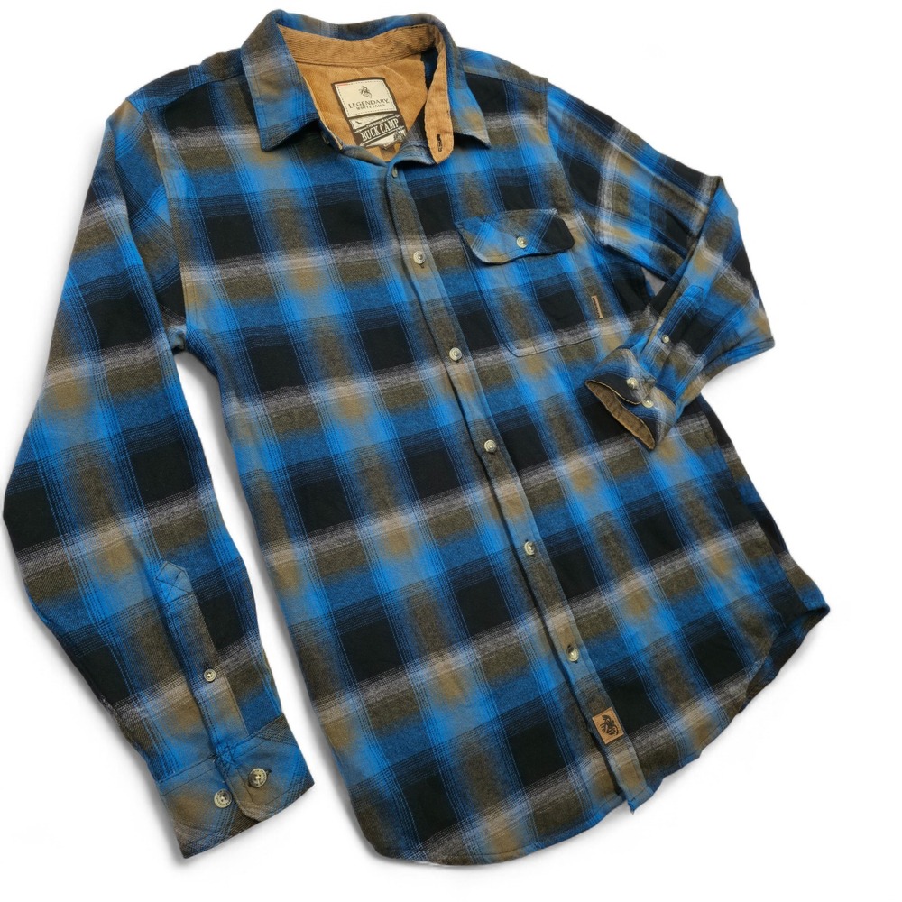 Legendary Whitetails Buck Camp Flannel Shirt Blue Plaid Corduroy Collar M Retro - Picture 3 of 10